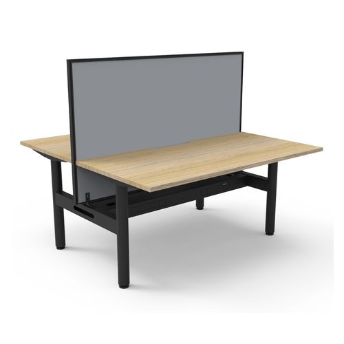 Halo Static Back to Back Workstation with Black/Grey Screen and Cable Tray 1500W Black Frame Natural Oak Scallop Top