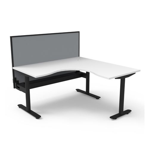 Halo Static Corner Workstation With Cable Tray and Black/Grey Screen 1500x1500 Black Frame Natural White Top