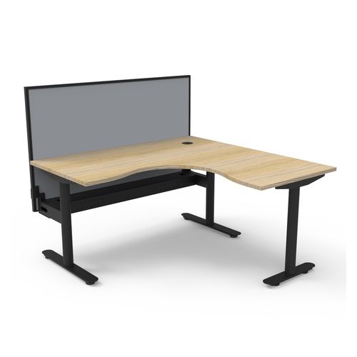 Halo Static Corner Workstation With Cable Tray and Black/Grey Screen 1500x1500 Black Frame Natural Oak Top