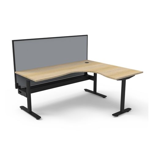 Halo Static Corner Workstation With Cable Tray and Black/Grey Screen 1800x1500 Black Frame Natural Oak Top