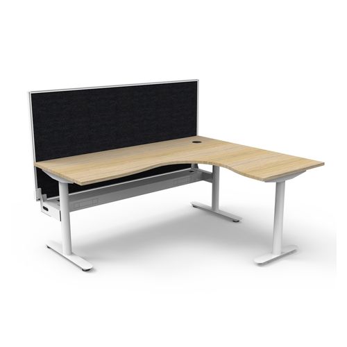 Halo Static Corner Workstation With Cable Tray and White/Black Screen 1800x1500 White Frame Natural Oak Top