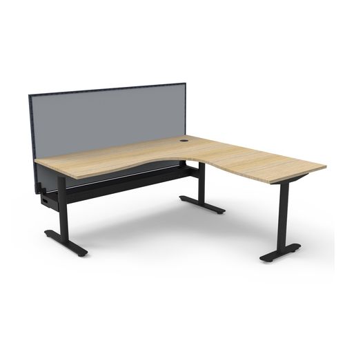 Halo Static Corner Workstation With Cable Tray and Black/Grey Screen 1800x1800 Black Frame Natural Oak Top