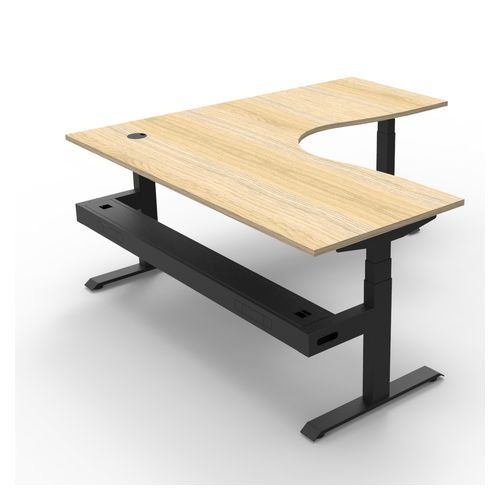 Rapid Boost Plus Height Adjustable Workstation with Cable Tray 1800x1800mm Black Frame Natural Oak Top