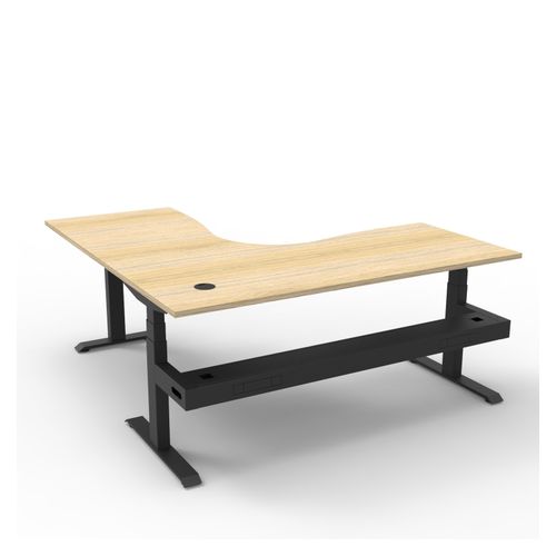 Rapid Boost Plus Height Adjustable Workstation with Cable Tray 1800x1800mm Black Frame Natural Oak Top