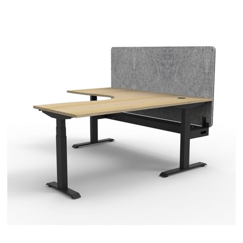 Rapid Boost Plus Height Adjustable Workstation with Grey Eco Screen & Cable Tray 1500x1500mm Black Frame Natural Oak Top