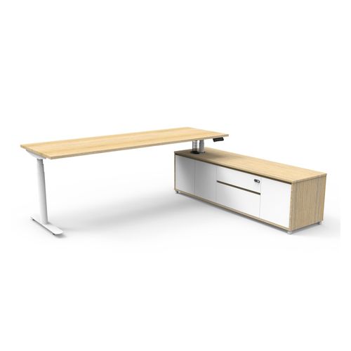 Halo Plus Executive Desk & Right Hand Side Cabinet - White Frame 2100x750mm Natural Oak Desktop