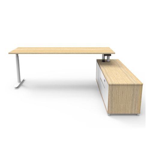 Halo Plus Executive Desk & Right Hand Side Cabinet - White Frame 2100x750mm Natural Oak Desktop