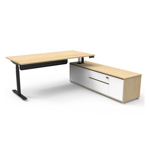 Halo Plus Executive Desk & Right Hand Side Cabinet & Modesty Panel - Black Frame 1800x900mm Natural Oak Desktop
