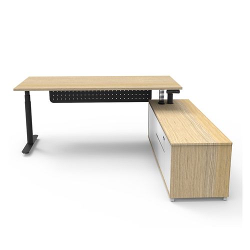 Halo Plus Executive Desk & Right Hand Side Cabinet & Modesty Panel - Black Frame 1800x900mm Natural Oak Desktop