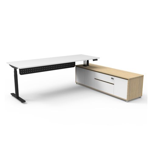 Halo Plus Executive Desk & Right Hand Side Cabinet & Modesty Panel - Black Frame 2100x750mm Natural White Desktop