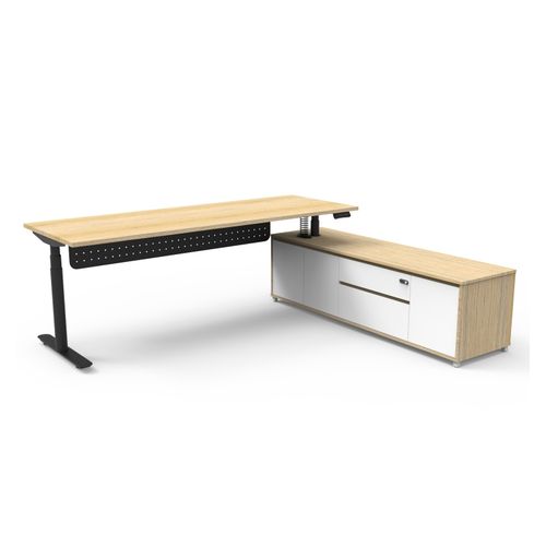 Halo Plus Executive Desk & Right Hand Side Cabinet & Modesty Panel - Black Frame 2100x750mm Natural Oak Desktop