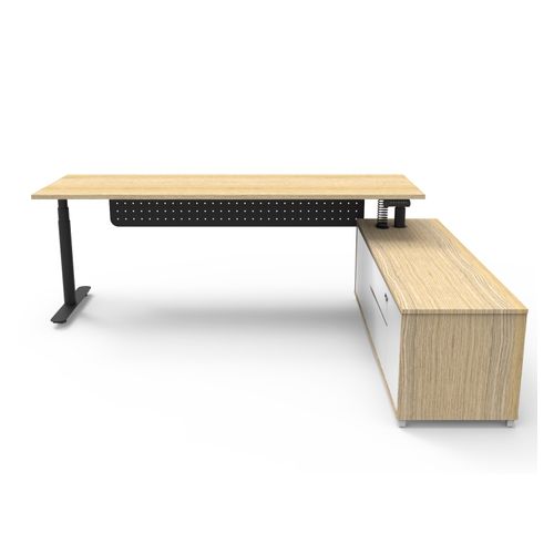 Halo Plus Executive Desk & Right Hand Side Cabinet & Modesty Panel - Black Frame 2100x750mm Natural Oak Desktop