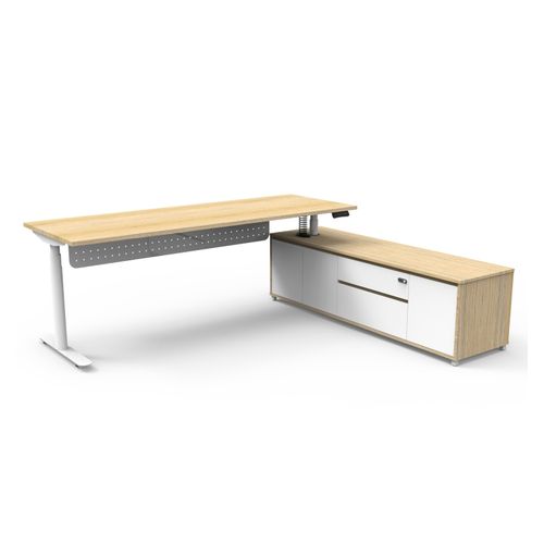 Halo Plus Executive Desk & Right Hand Side Cabinet & Modesty Panel - White Frame 2100x750mm Natural Oak Desktop