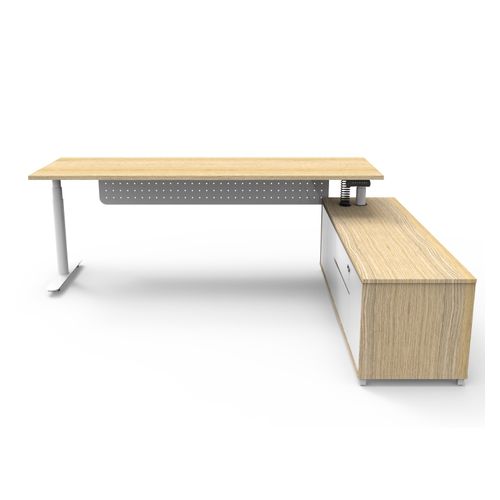 Halo Plus Executive Desk & Right Hand Side Cabinet & Modesty Panel - White Frame 2100x750mm Natural Oak Desktop