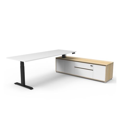 Boost Plus Executive Desk & Right Hand Side Cabinet - Black Frame 2100x750mm Natural White Desktop