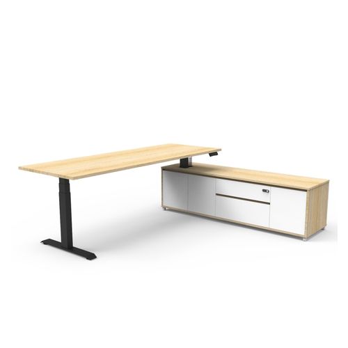 Boost Plus Executive Desk & Right Hand Side Cabinet - Black Frame 2100x750mm Natural Oak Desktop