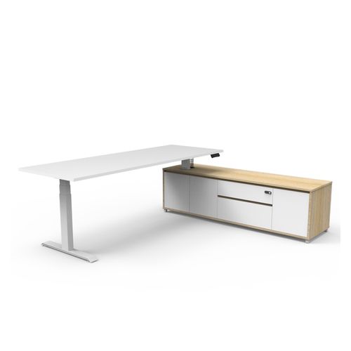 Boost Plus Executive Desk & Right Hand Side Cabinet - White Frame 2100x750mm Natural White Desktop