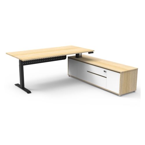 Halo Plus Executive Desk & Right Hand Side Cabinet & Modesty Panel - Black Frame 1800x900mm Natural Oak Desktop