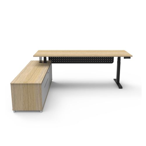 Halo Plus Executive Desk & Left Hand Side Cabinet & Modesty Panel - Black Frame 2100x750mm Natural Oak Desktop