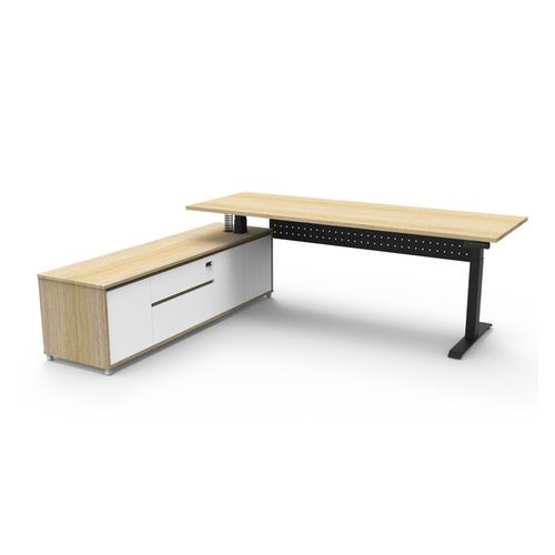 Halo Plus Executive Desk & Left Hand Side Cabinet & Modesty Panel - Black Frame 2100x750mm Natural Oak Desktop