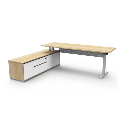 Halo Plus Executive Desk & Left Hand Side Cabinet & Modesty Panel - White Frame 2100x750mm Natural Oak Desktop