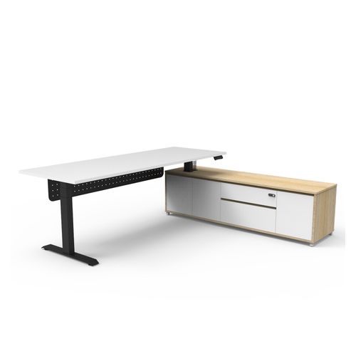 Halo Plus Executive Desk & Right Hand Side Cabinet & Modesty Panel - Black Frame 2100x750mm Natural White Desktop