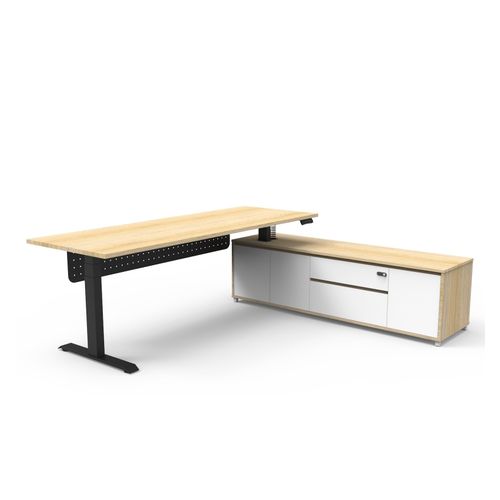 Halo Plus Executive Desk & Right Hand Side Cabinet & Modesty Panel - Black Frame 2100x750mm Natural Oak Desktop