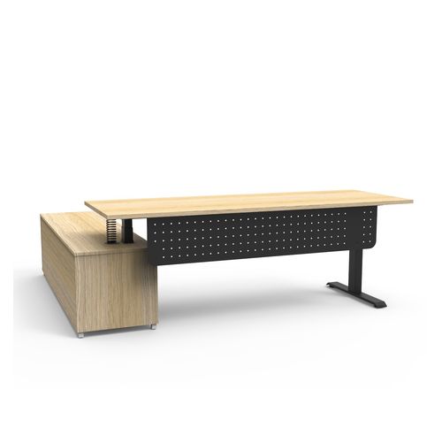 Halo Plus Executive Desk & Right Hand Side Cabinet & Modesty Panel - Black Frame 2100x750mm Natural Oak Desktop