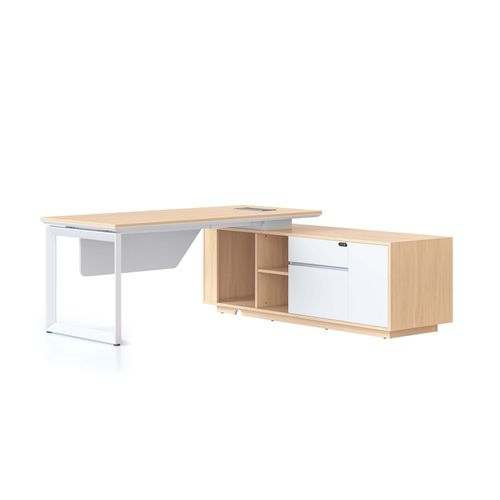 Casa Executive Desk & Right Hand Side Cabinet Loop Leg - Desktop 1800x800mm White Frame Natural Oak Top