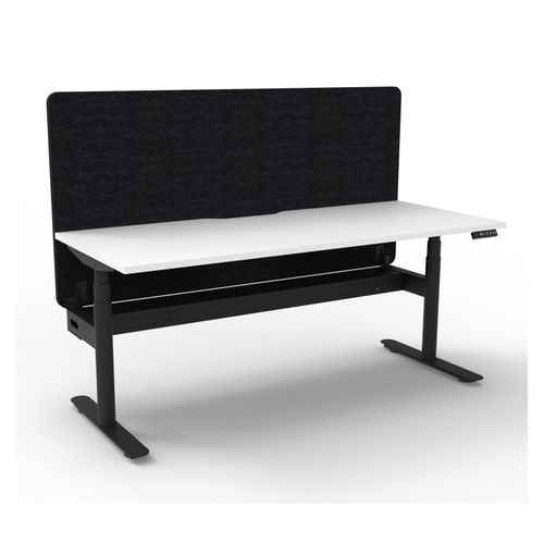 Rapid Halo Plus Height Adjustable Desk with Black Eco Screen & Cable Tray 1200mm Black Frame Natural White Scallop Top