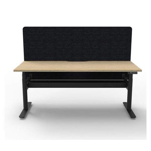 Rapid Halo Plus Height Adjustable Desk with Black Eco Screen & Cable Tray 1200mm Black Frame Natural Oak Scallop Top