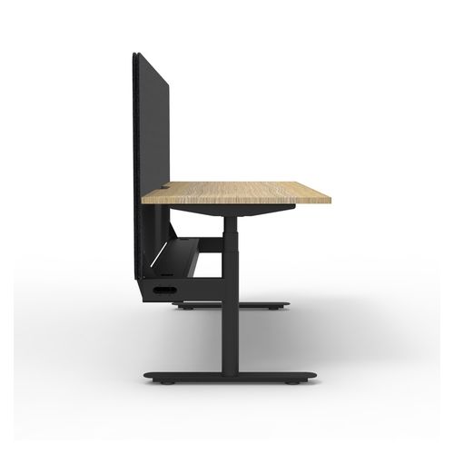 Rapid Halo Plus Height Adjustable Desk with Black Eco Screen & Cable Tray 1200mm Black Frame Natural Oak Scallop Top