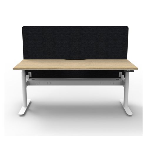 Rapid Halo Plus Height Adjustable Desk with Black Eco Screen & Cable Tray 1200mm White Frame Natural Oak Scallop Top