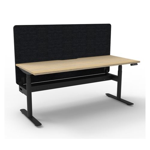 Rapid Halo Plus Height Adjustable Desk with Black Eco Screen & Cable Tray 1500mm Black Frame Natural Oak Scallop Top