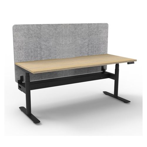 Rapid Halo Plus Height Adjustable Desk with Grey Eco Screen & Cable Tray 1500mm Black Frame Natural Oak Scallop Top