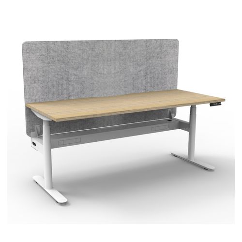 Rapid Halo Plus Height Adjustable Desk with Grey Eco Screen & Cable Tray 1500mm White Frame Natural Oak Scallop Top
