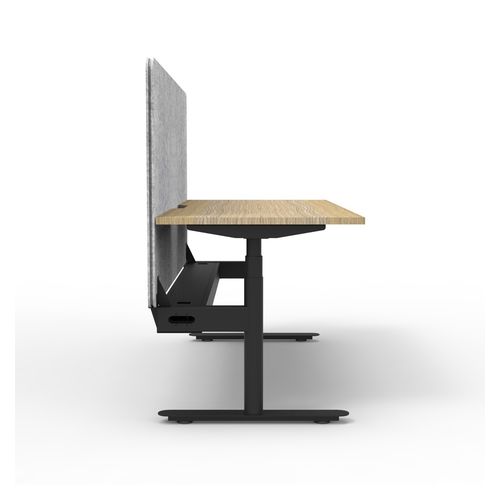 Rapid Halo Plus Height Adjustable Desk with Grey Eco Screen & Cable Tray 1800mm Black Frame Natural Oak Scallop Top