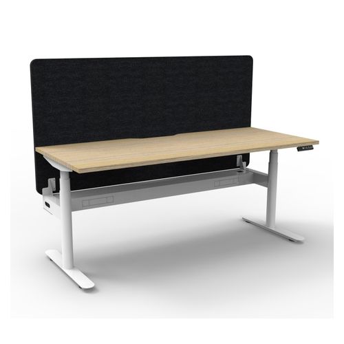 Rapid Halo Plus Height Adjustable Desk with Black Eco Screen & Cable Tray 1800mm White Frame Natural Oak Scallop Top