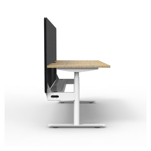 Rapid Halo Plus Height Adjustable Desk with Black Eco Screen & Cable Tray 1800mm White Frame Natural Oak Scallop Top
