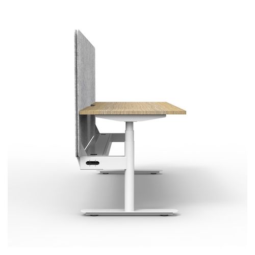 Rapid Halo Plus Height Adjustable Desk with Grey Eco Screen & Cable Tray 1800mm White Frame Natural Oak Scallop Top