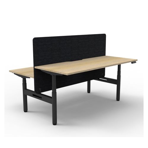 Rapid Halo Plus Height Adjustable Back to Back Desk with Black Eco Screen 1200mm Black Frame Natural Oak Scallop Top