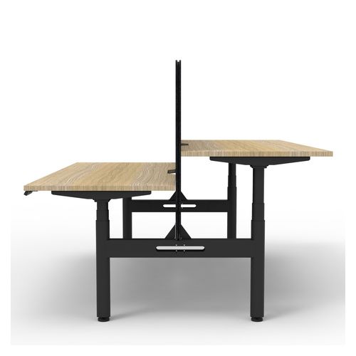 Rapid Halo Plus Height Adjustable Back to Back Desk with Black Eco Screen 1200mm Black Frame Natural Oak Scallop Top