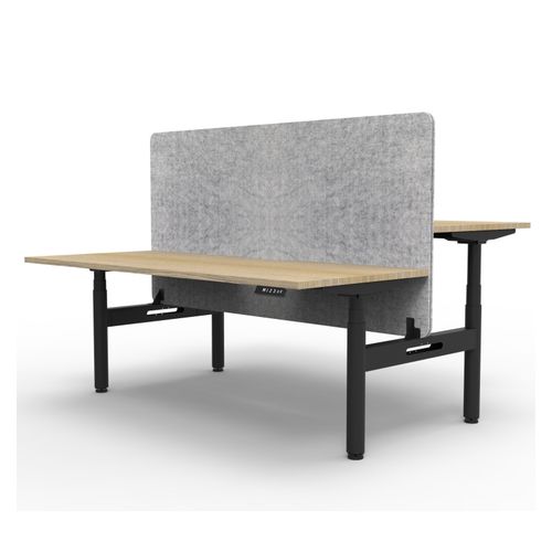 Rapid Halo Plus Height Adjustable Back to Back Desk with Grey Eco Screen 1200mm Black Frame Natural Oak Scallop Top