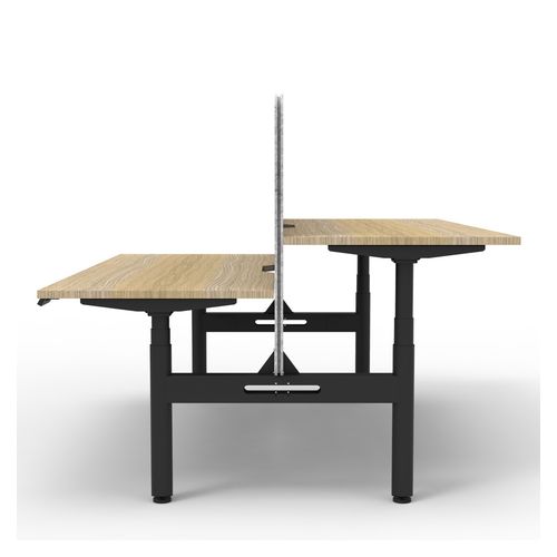 Rapid Halo Plus Height Adjustable Back to Back Desk with Grey Eco Screen 1500mm Black Frame Natural Oak Scallop Top