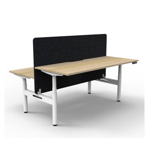 Rapid Halo Plus Height Adjustable Back to Back Desk with Black Eco Screen 1800mm White Frame Natural Oak Scallop Top