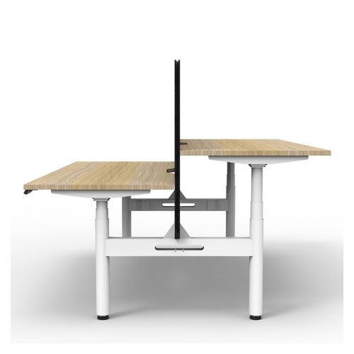 Rapid Halo Plus Height Adjustable Back to Back Desk with Black Eco Screen 1800mm White Frame Natural Oak Scallop Top
