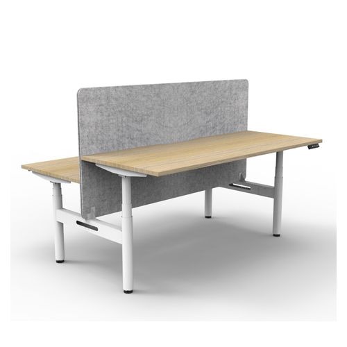 Rapid Halo Plus Height Adjustable Back to Back Desk with Grey Eco Screen 1800mm White Frame Natural Oak Scallop Top