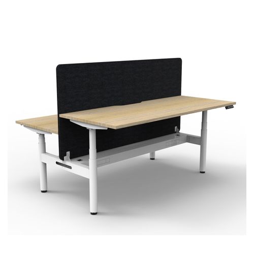 Rapid Halo Plus Height Adjustable Back to Back Desk with Black Eco Screen & Cable Tray 1200mm White Frame Natural Oak Scallop Top