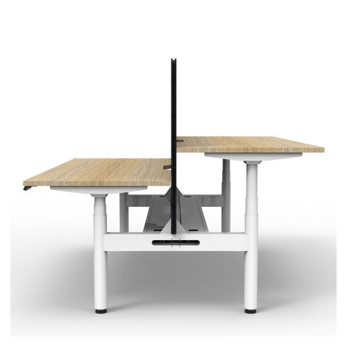 Rapid Halo Plus Height Adjustable Back to Back Desk with Black Eco Screen & Cable Tray 1200mm White Frame Natural Oak Scallop Top