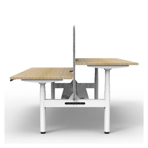 Rapid Halo Plus Height Adjustable Back to Back Desk with Grey Eco Screen & Cable Tray 1200mm White Frame Natural Oak Scallop Top